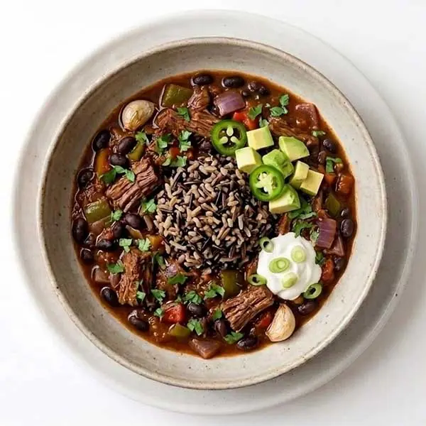 Beef & Black Bean Chili served over High-Protein Wild Rice